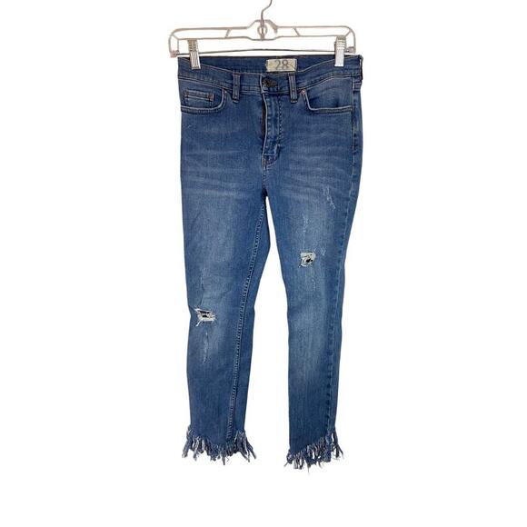 Free People Great Heights Jeans Frayed Skinny fringe medium Indigo Blue size 28 - Picture 1 of 6